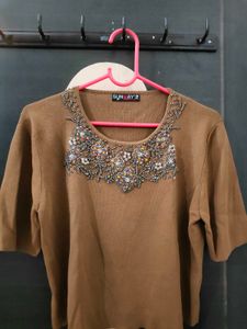 Partywear Knitted Crop Top With Beads Work