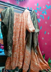 Elegant Coral &amp; Brown Kurti Pant Duppata Set