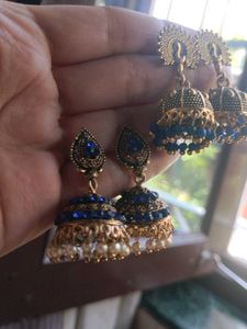 Blue &amp; Gold Jhumka Earrings