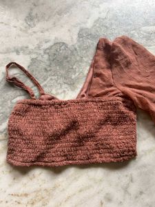 Brown Sheer One-Sleeve Crop Top