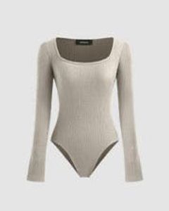 Square Neck Long Sleeve Bodysuit In Light Beige