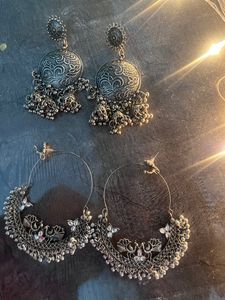 Two Pair Of Jhumkas , One Is Oxidised Junk Jewellery &amp; Second One Chaand Baali 😊❤️