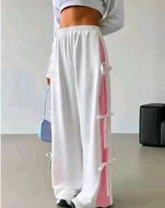 White &amp; Pink Tie Detail Trousers