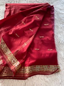 Women Red Printed With Gold Zari Border Saree