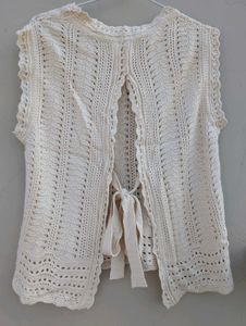 Cream Crochet-Knit Sleeveless Shrug Top
