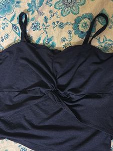 Navy Blue Bardot Crop Top with Bow | Sleeveless |