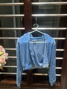 y2k h&amp;m Blue Velour Cropped Hoodie