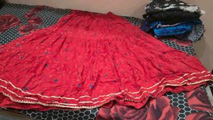 Floral Full Gheer Red Long Skirt