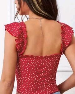 Printed Ruffle Sleeve Red Polka Dot Tie-Front Top