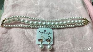 Three Layer White Pearl Necklace With Earrings