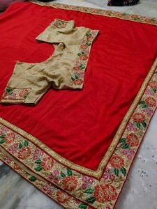 Double Colour Embroidery Work Saree With Blouse