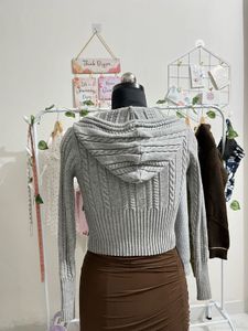 Gray Zip-Up Cable Knit Hoodie
