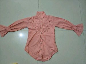 Peach Bow Button-Down Top