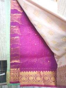 Off white saree with pink border