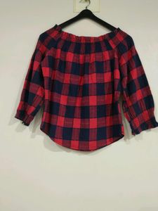 Off Shoulder Red &amp; Navy Plaid Top