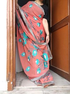 Peach Floral Print Saree