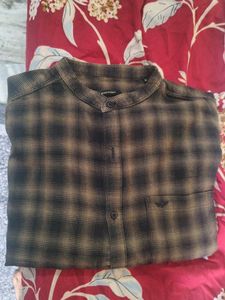 Brown Checkered Mandarin Collar Shirt