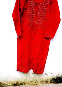 handwork chikenkariRed Embroidered Kurta