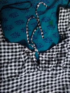 Monochrome Checked Sweetheart Neck Smocked Tie-Up