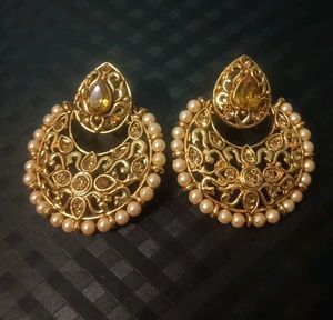 Kundan Pearl Chandbali Golden Earrings
