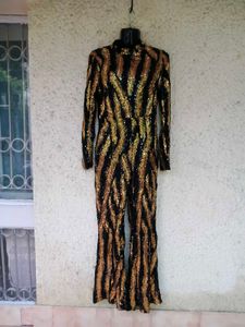 FEATHER PRINT SEQUINNED JUMPSUIT