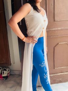 White Tunic &amp; Blue Printed Leggings