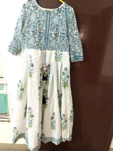 White And Blue Flower Gown With Anarkali Flair