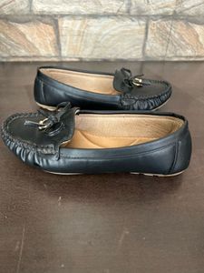 Black Faux Leather Loafers with Bow