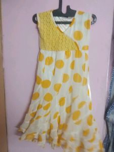 Yellow white Polca Dot Frock For Gorls