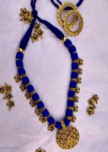 Blue Silk Threaded Necklace And Earrings