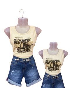 Beige manga graphic ribbed crop top