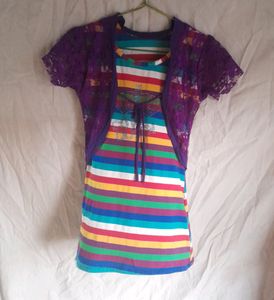 🌈Rainbow Stripes T-shirt Girls Top With Net Shrug