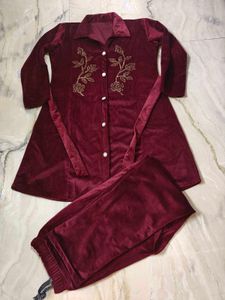 Maroon Velvet Embroidered Dress