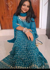 Teal Geometric Embroidered Salwar Kameez