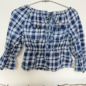 Plaid Off-Shoulder Peasant Top