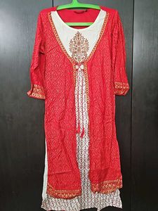 Red Gold Printed With False Jacket Style Kurti