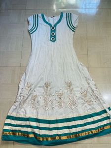 Elegant White &amp; Teal Embroidered Anarkali