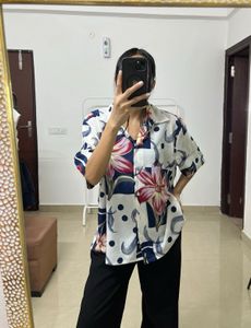 Silk Chiffon Floral Blue White printed Shirt