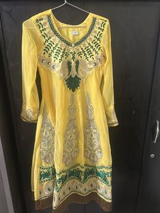 Yellow Colour Anarkali Suit With Pushpak Pant And Shifon Dupatta