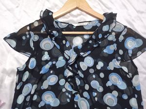 Frilled Neck Bubble Printed See-through top