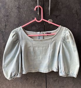Denim Corset Crop Top With Balloon Sleeves