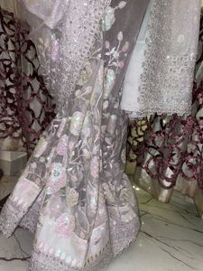 Elegant Grey Embroidered Saree