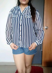 Striped Sheer Button-Down Top