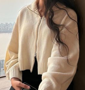 Cream Zip-Up Knit Sweater