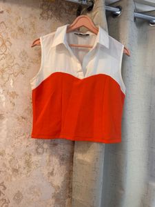 Trendy Color Block Orange Top, Bust- 34/32