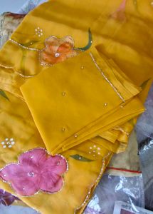Mango Yellow Paint Colored Saree With Blouse. (New