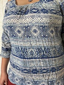 Cream And blue Printed Top With cut Out Shoulder