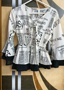 Newspaper Print Tie-Front Bell Sleeve Top