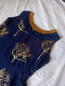 Navy Blue Dress with Heavy Neck Work