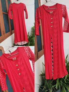 Red Net Kurta with Slit and Inner Lining